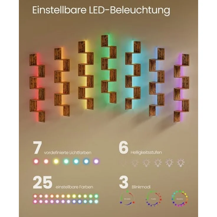 VASAGLE Eckregal mit LED-Beleuchtung, Wandregal 5 Ebenen, Schweberegal für Bücher, Bücherregal, Pflanzenregal für Schlafzimmer, Wohnzimmer, Badezimmer, Homeoffice, vintagebraun LBC630K01 – Bild 2