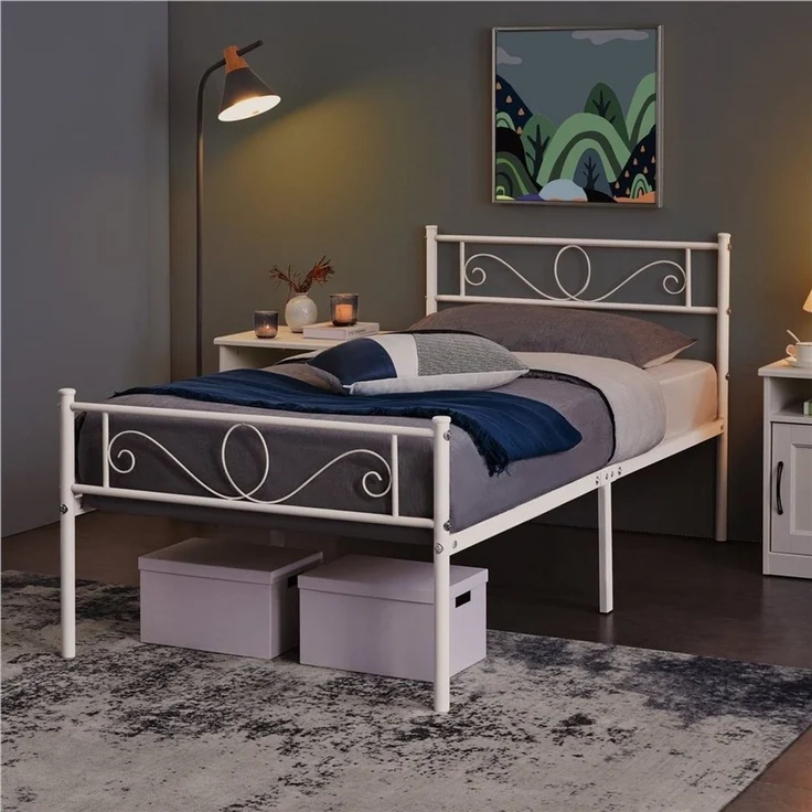 Yaheetech Metallbett mit Kopf- und Fußteil & Lattenrost, Weiß, 90x190 cm – Bild 3