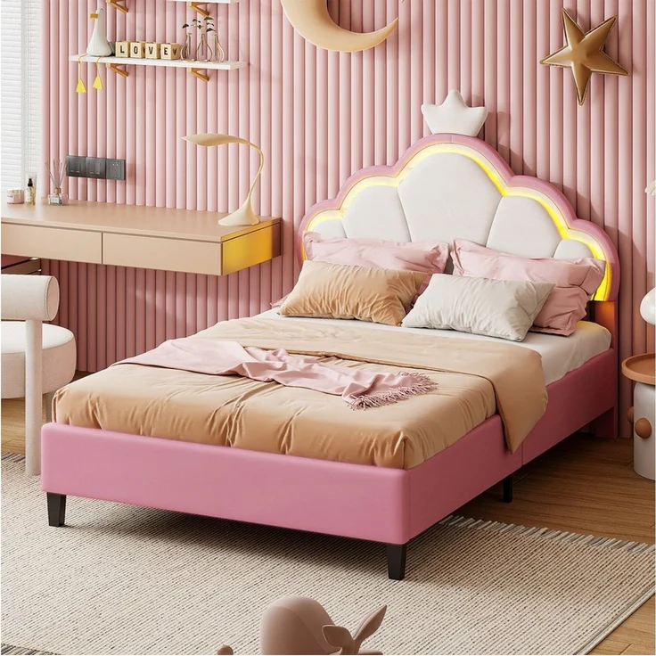 FUROKOY Polsterbett Kinderbett Kronenbett anhebbarem Kopfteil Kronenform (Einzelbett Bettgestell Nettes und verträumtes Mädchen Bett Rosa/Weiß), 90x200 cm,Geeignet für Jugendliche und Kinder,Samt – Bild 2