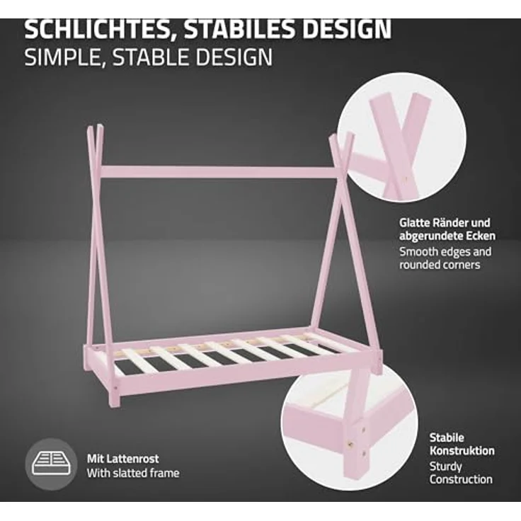 ML-DESIGN Spielbett Hausbett Tipi Zeltbett inkl. Lattenrost Bodenbett Kinder Himmelbett, Abenteuerbett zum Spielen Zelt Kinderbett Kiefer Bettenhaus Bett Rosa – Bild 6