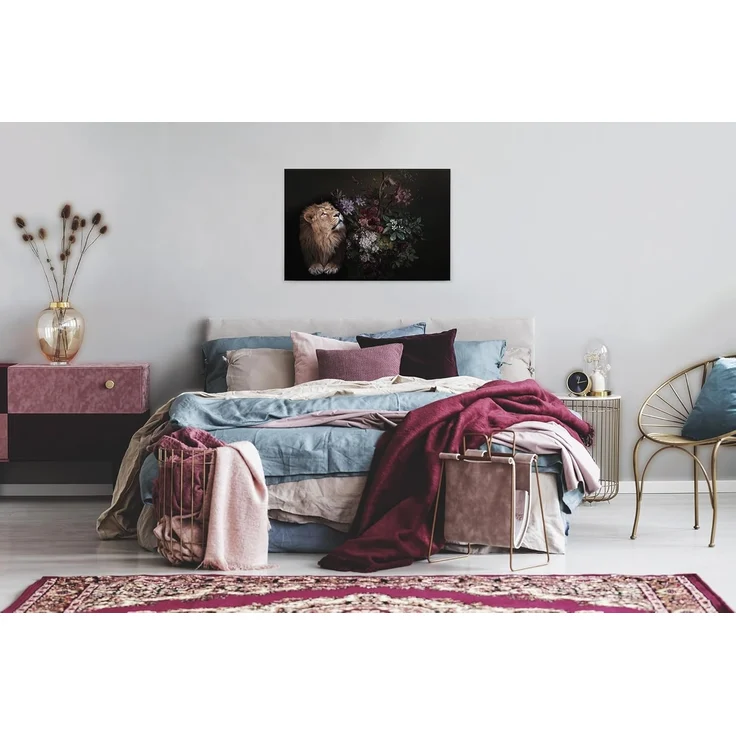 Leinwandbild Löwe Blumen Schwarz Beige 90x60 DD120388 Keilrahmen Wandbild Rot – Bild 2
