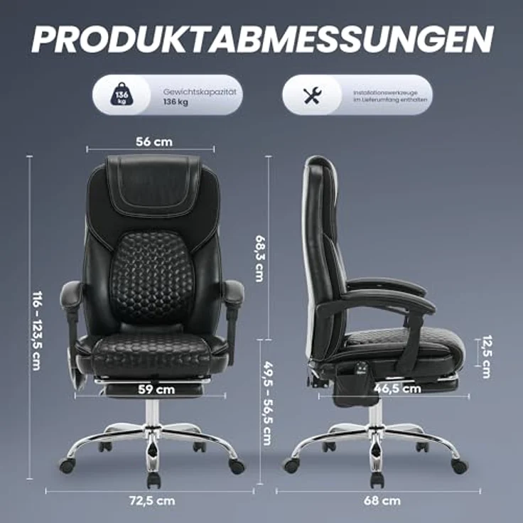 COLAMY Ergonomischer Chefsessel aus Leder mit 6-Punkt-Massage & 3-Stufen-Heizfunktion, höhenverstellbar, verstellbare Rückenlehne, ausziehbare Fußstütze – Büro & Home Office, Schwarz – Bild 4