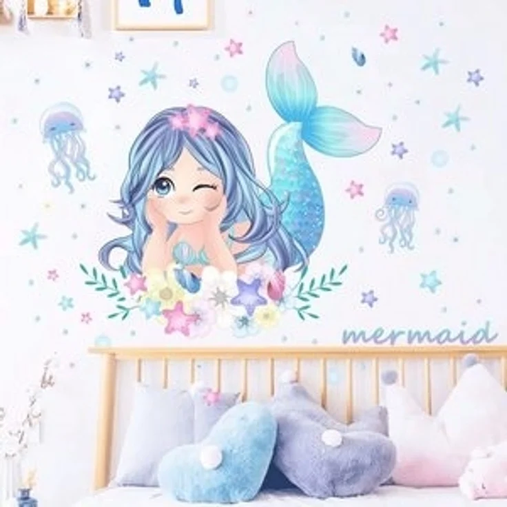Montegoni Wandtattoo Kinder Wandsticker,Selbstklebende (Wandaufkleber Meerjungfrau,Quallen,Seesterne und Blumen, Deko Kindergarten Home Dekoration), wandtattoo für Mädchenzimmer,Babyzimmer – Bild 6