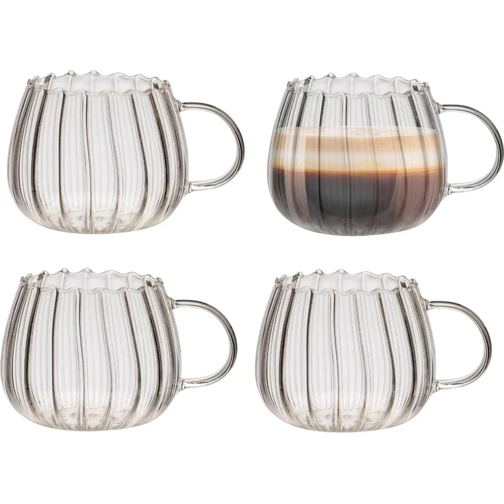 Zoha Glas Riffle Cup 400ml für Kalt- & Heißgetränke, Spülmaschinenfest, Stilvoll, 4-tlg, Borosilikatglas, hitzebeständiges Tassen Set für Kaffee, Matcha, Latte Macchiato, 4 St. – Bild 1