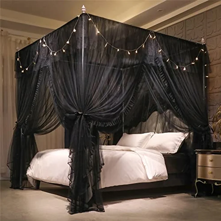 VETHIN 4 Ecken Pfosten Rüschen Prinzessin Bett Baldachin Vorhang, doppellagig, gemütlich, schwarz, 162.6 cm Bx208.3 cm Lx208.3 cm H/Q ueen – Bild 2