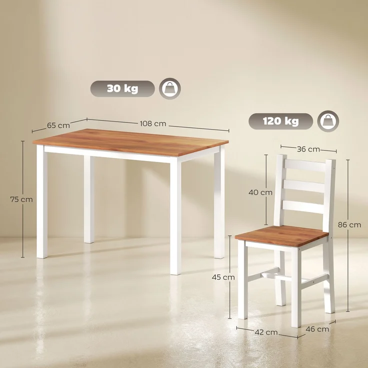 MELAYR, Essgruppenset, Esstisch, 4 Stühle, Esszimmerset, Kiefernholz, Braun+Weiß, 108 x 65 x 75 cm – Bild 5