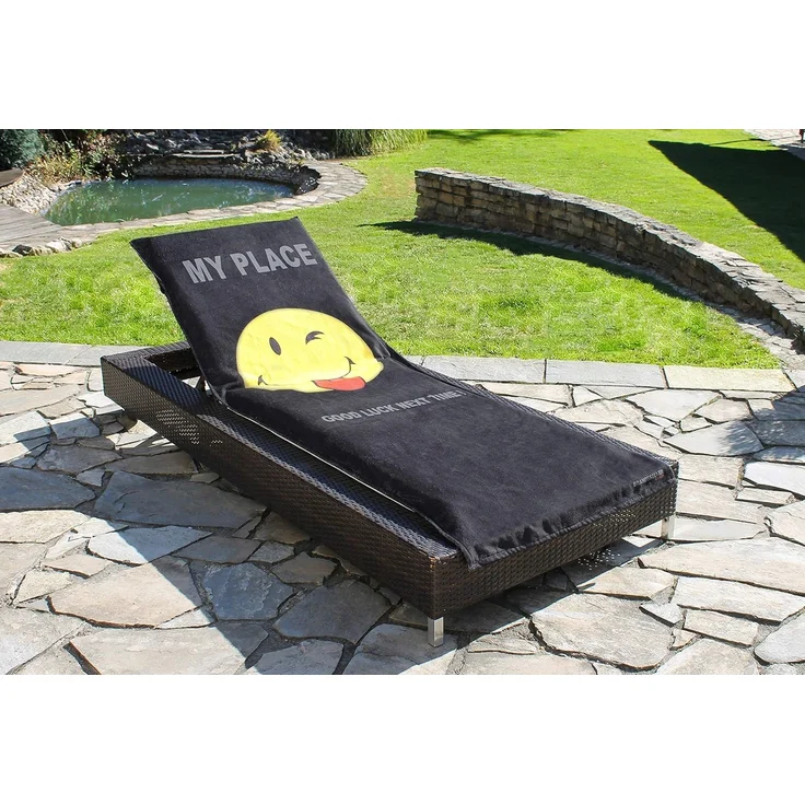 Brandsseller Schonbezug für Gartenliege, Strandliegenauflage, Frottee Schonbezug, 55% Baumwolle 45% Polyester - ca. 75x200 cm (Smiley Schwarz - Good Luck) – Bild 3