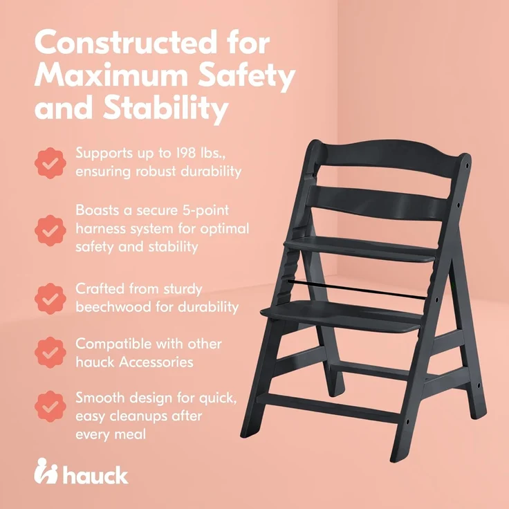 Hauck Kinder Hochstuhl Alpha+ - Mitwachsender Holz Babystuhl (FSC zertifiziert), Kinderhochstuhl ab 6 Monate, verstellbar, mit Schutzbügel, Schrittgurt und 5-Punkt-Gurt - Schwarz – Bild 5