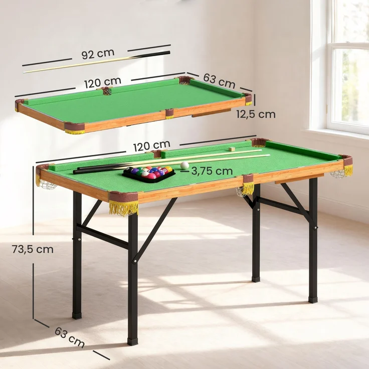 MELAYR, Klappbarer Billardtisch, Mini-Billiard-Tisch, 2 Queues, 16 Kugeln, Dreieck, Bürste, Grün, 120 x 63 x 73.5 cm – Bild 5