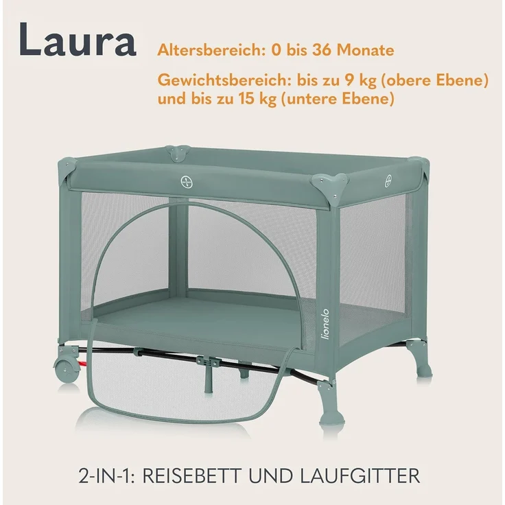 Lionelo Laura 2-in-1 Reisebett bis zu 15 kg Laufgitter von 0 bis 36 Monate Seitlicher Einstieg T25 Schaumstoffmatratze, 2 Höhenstufen, Reisetasche, Räder mit Bremse – Bild 2