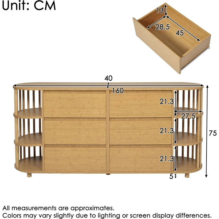 Sideboard Eiche Retro-Römisch mit 6 Schubladen & Bambusregalen, Kippsicher, Wohnzimmer Flur Küche Aufbewahrung – Bild 10