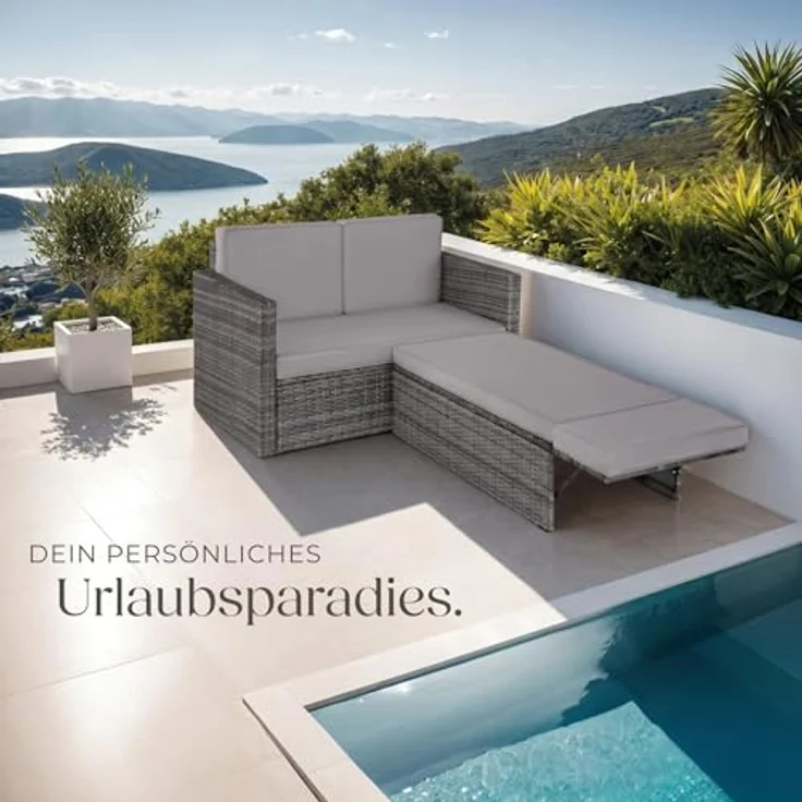 tectake Sofa Set - 2 Sitzer Sessel mit Hocker und Schlaffunktion, kleine Rattan Couch als Outdoor Gartenmöbel, wetterfest für Lounge, Balkon und Garten, klappbar mit Polstern – Bild 9