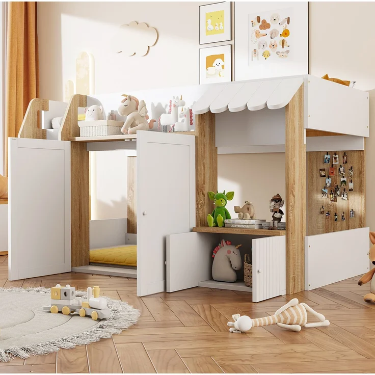 Kinder Hochbett 90x200 niedrig mit Haus-Design - Spielbett mit zweiter Liegefläche, Stauraum, breiter Leiter, weiß & holzfarben – Bild 4