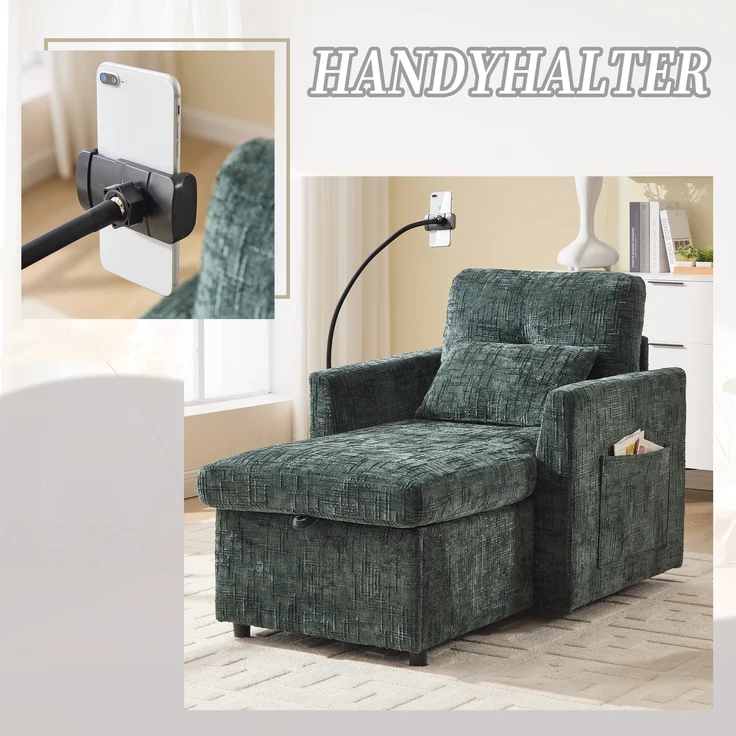 LVHOM Einzelsofa mit Handyhalterung, Polsterliege mit Bettkasten und Seitentaschen, Relaxsessel Schlafsofa mit versteckten Stauraum – Bild 5