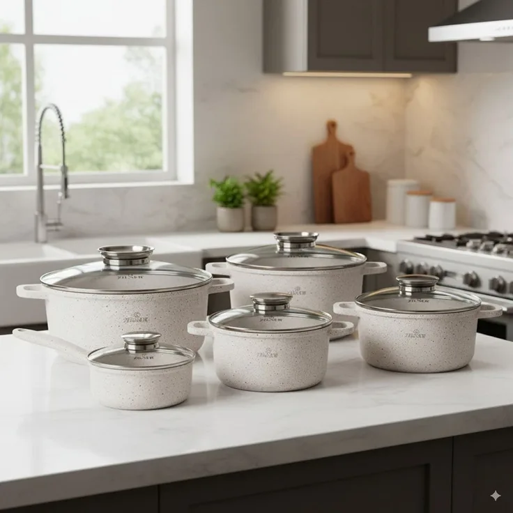 Zilner Topf-Set Set von sechs schönen grauen steinüberzogenen Töpfen, Aluminium, Keramik, Edelstahl, Aluminiumguss (Passt in jede Küche! 1.3L / 2.3L / 2.3L / 3.2L / 4.5L / 6.8L, 12-tlg, Es ist eine perfekte Geschenkidee für jeden Anlass), Innovative Ar...