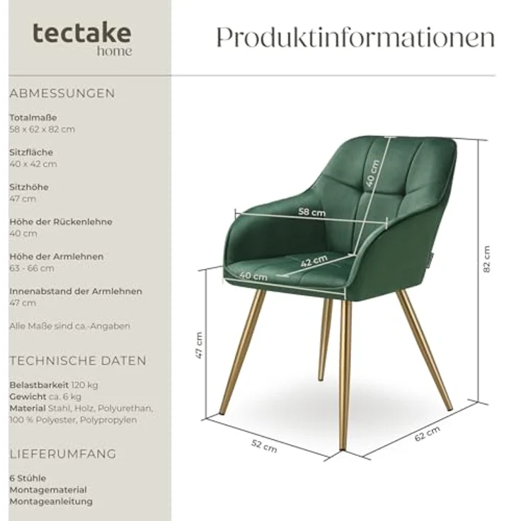 tectake Esszimmerstuhl Stuhl Marilyn, Samtoptik, gesteppt (Set, 6 St), Extra weicher Samtbezug mit elegantem Steppmuster – Bild 4