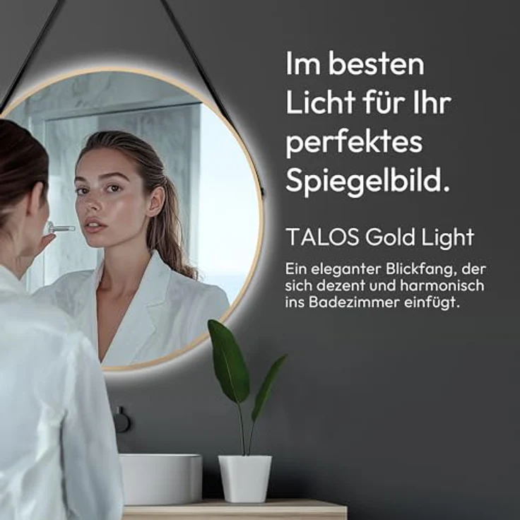 Talos Golden Light Spiegel, runder Wandspiegel Ø 80 cm mit mattem Aluminiumrahmen und indirekter LED-Beleuchtung – Bild 2