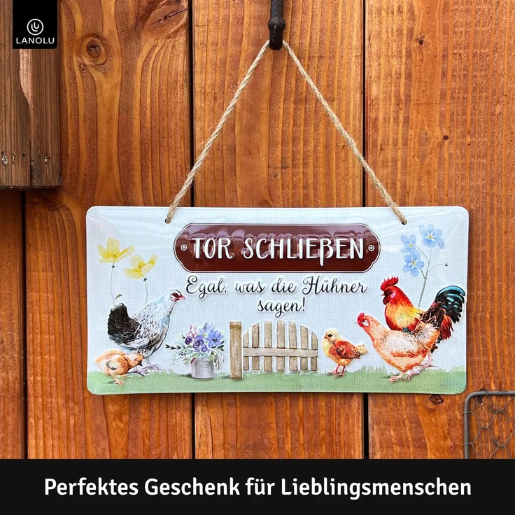 LANOLU Blechschild Tor Schließen Huhn - 16x32cm – Metall – Weiß – 16104 – Bild 2