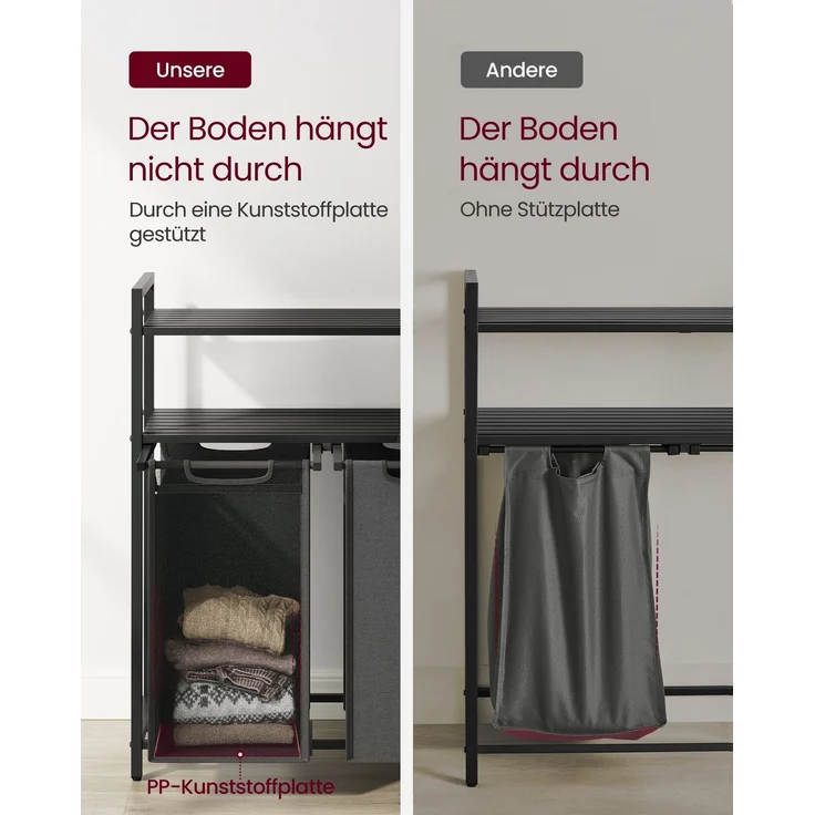 Vasagle Wäschekorb mit 2 Fächern und Ablagen, schwarz-grau, pro Tasche 46 Liter – Bild 4