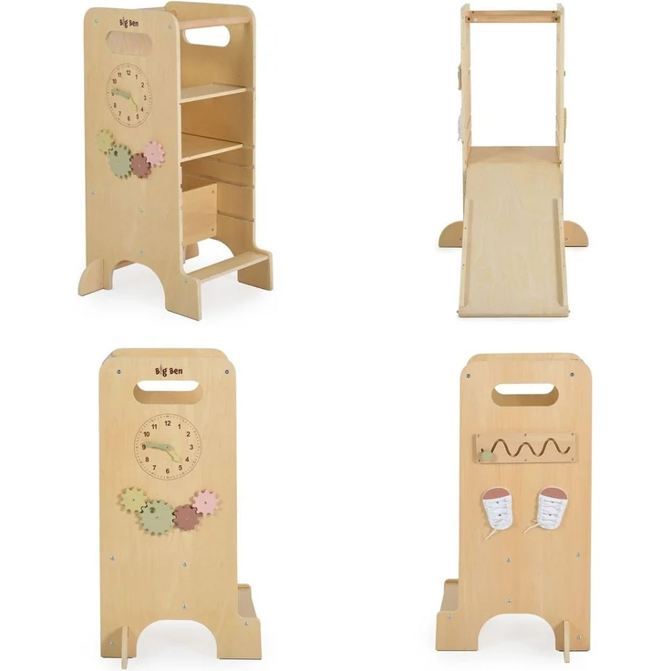 Moni Kinder Lernturm 4 in 1 Big Ben Rutsche Tafel Hochstuhl Uhranzeige Motorik braun – Bild 5