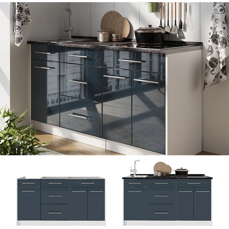 Küchenblock Fame-Line Dunkelblau Hochglanz/Weiß 150 cm, AP Anthrazit Vicco – Bild 3