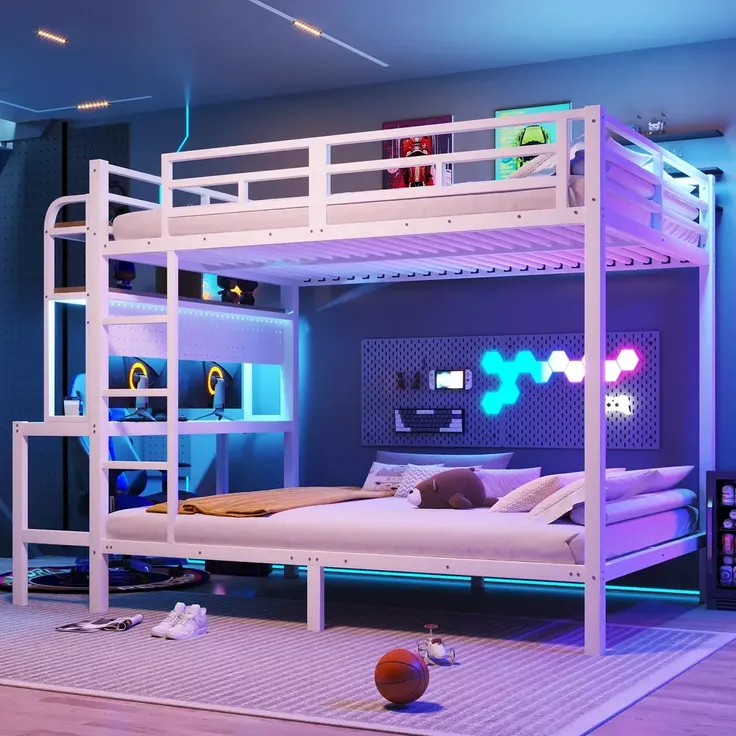 Etagenbett mit RGB LED-Lichterkette, Steckdose, USB, Schreibtisch, Leiter, Regal, Rausfallschutz und Lattenrost, 140x200cm, Metallbett, Kinderbett – Bild 3