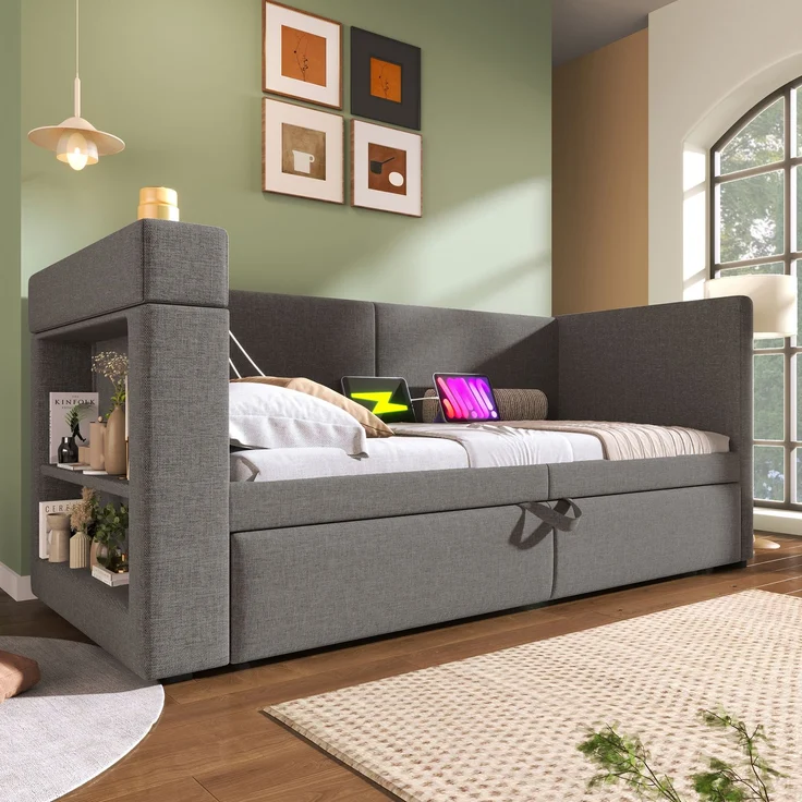 Schlafsofa 90x200 cm Ausziehbett mit Armlehne, USB/Typ-C Ladebereich, Getränkehalter & Stauraum – Bild 2