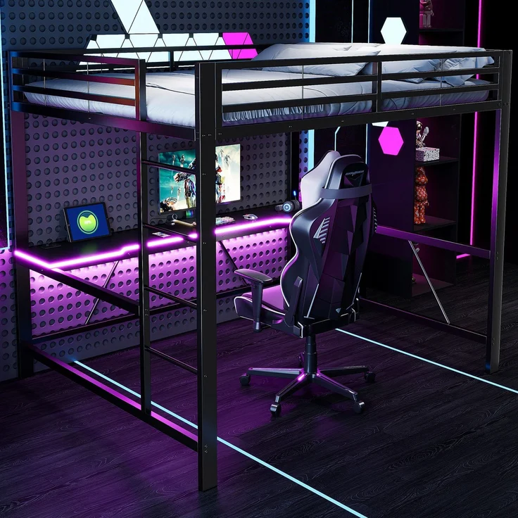 Hochbett mit RGB LED-Streifen, Schreibtisch, Trittleiter, Lattenrost, Steckdose, USB und Type-C, 160x200 cm, Kinderbett mit Rausfallschutz, Metallbett – Bild 1