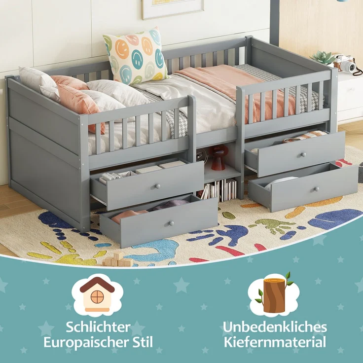 Halbhohes Bett, 90*200cm , 4 Schubladen, Geländer, Leiter, Kiefernholz, Ohne Matratze, Minimalistischer Stil, Grau – Bild 3