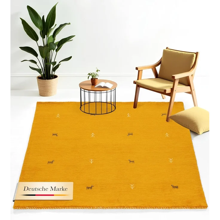carpetfine 'Gabbeh Uni' Wollteppich, reine Wolle, Gelb, 120x120 cm – Bild 1