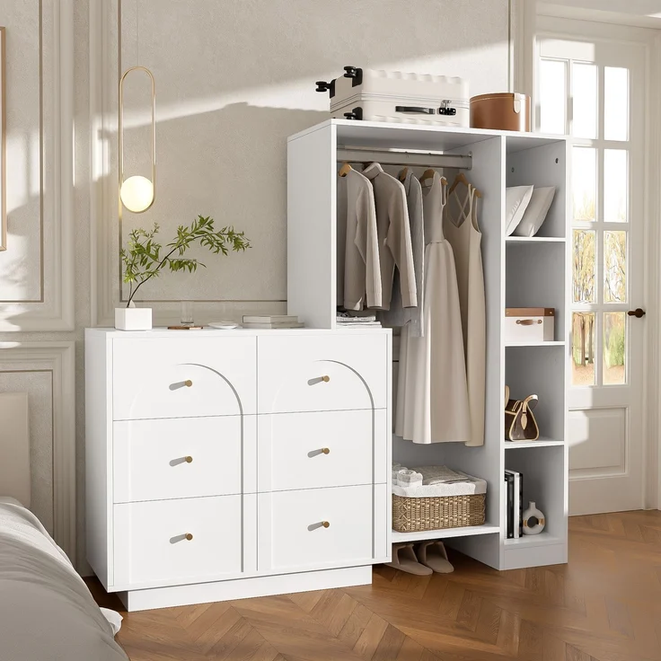 Moderner Mehrzweck-Kleiderschrank, offene Garderobe mit Kleiderstange, 6 Schubladen und Seitenregalen, Schlafzimmer-Aufbewahrungsschrank, Weiß, 139 × 35 × 133 cm--Weiß--139x35x133cm--YOUDENOVA – Bild 3