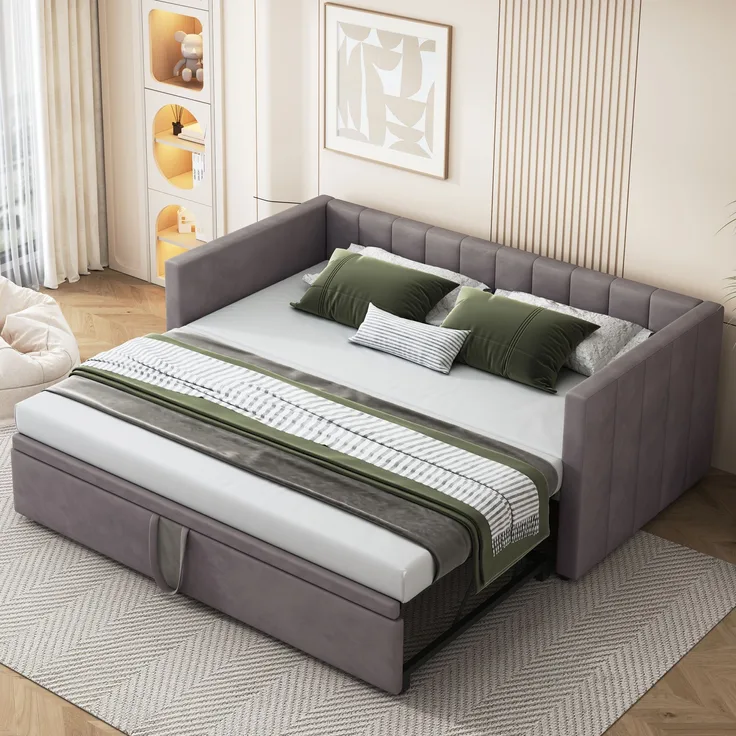 Polsterbett Schlafsofa, ausziehbares Multifunktionsbett mit Lattenrosten hautfreundlicher Stoff Alte SKU LDU00058AAE, Samtstoff, Grau, 90 x 200 cm / 180 x 200 cm