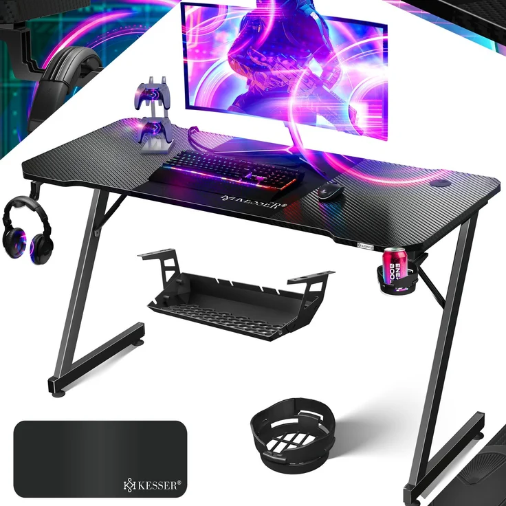 KESSER® Gaming Tisch LED, Z-Form Gamer Schreibtisch, Kopfhörerhaken & Kohlebeschichtung, Ergonomischer PC Computertisch, Stabiler Tisch mit Mauspad & Getränkehalter Schwarz Carbon, 140 x 60 cm