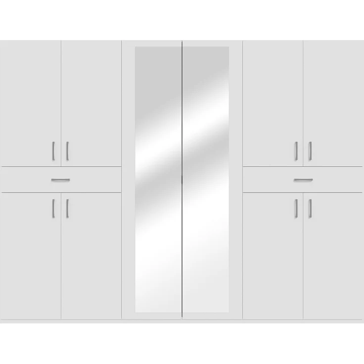 Forte Serenade Kleiderschrank 270, moderner Drehtürenschrank, 10-türig, 2 Schubladen, Kleiderstangen, Einlegeböden, Spiegel, Holzwerkstoff, Weiß, 269,7 cm breit x 210,5 cm hoch x 54 cm tief – Bild 3