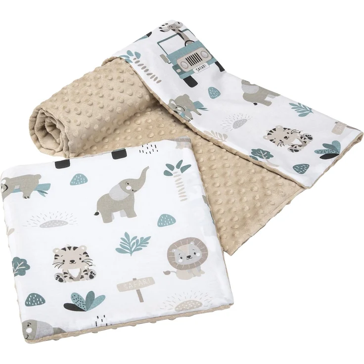 Medi Partners Babydecke Krabbeldecke mit Kissen 100% Baumwolle Minky Kinderdecke groß zweiseitig 75x100 + 35x30cm multifunktional für Bett Kinderwagen (Mint Zoo mit beigem Minky)