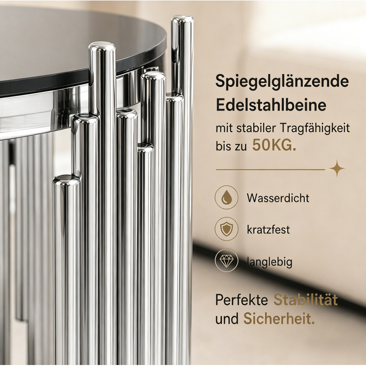 Couchtisch 45 cm rund aus gehärtetem Glas und Edelstahl in Schwarz/Silber – Bild 9