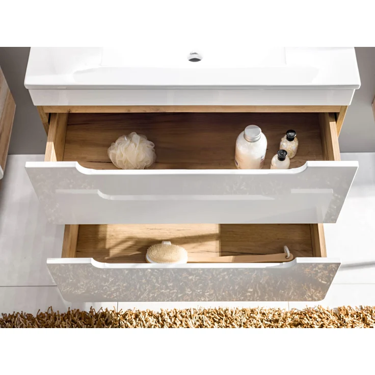 Badmöbel Set 4-teilig. Badmöbel Set 80 cm mit Waschbecken, Badspiegelschrank und LED-Leuchte, Eiche Craft Nb./Weiss hochglanz – Bild 7