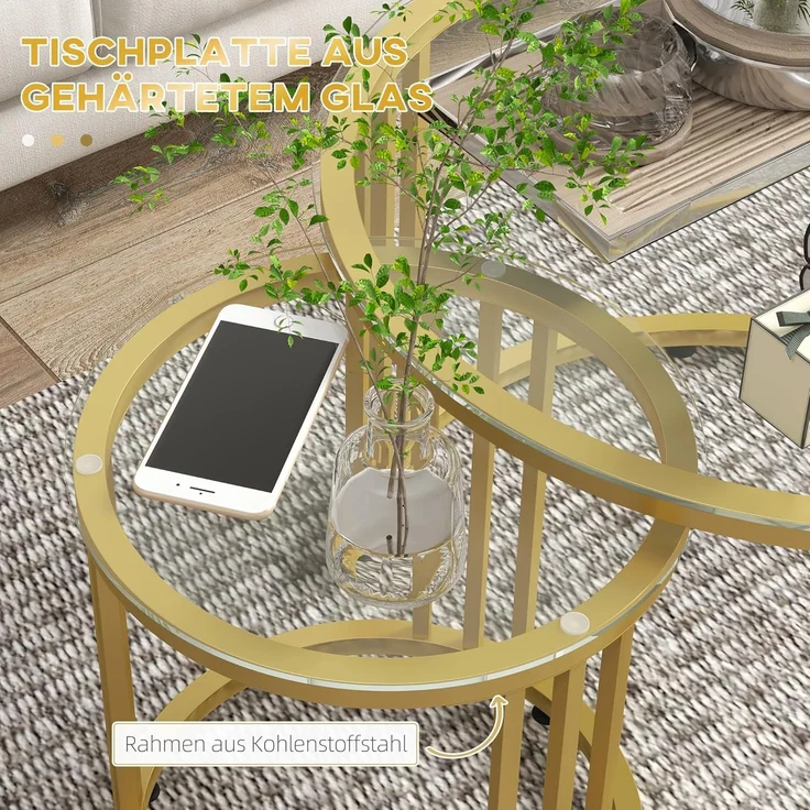 HOMCOM Couchtisch runde Couchtische Set von 2 mit gehärtetem Glas und Stahlrahmen (Beistelltisch, 2-St, Schachteltisch), für Wohnzimmer, Gold – Bild 5