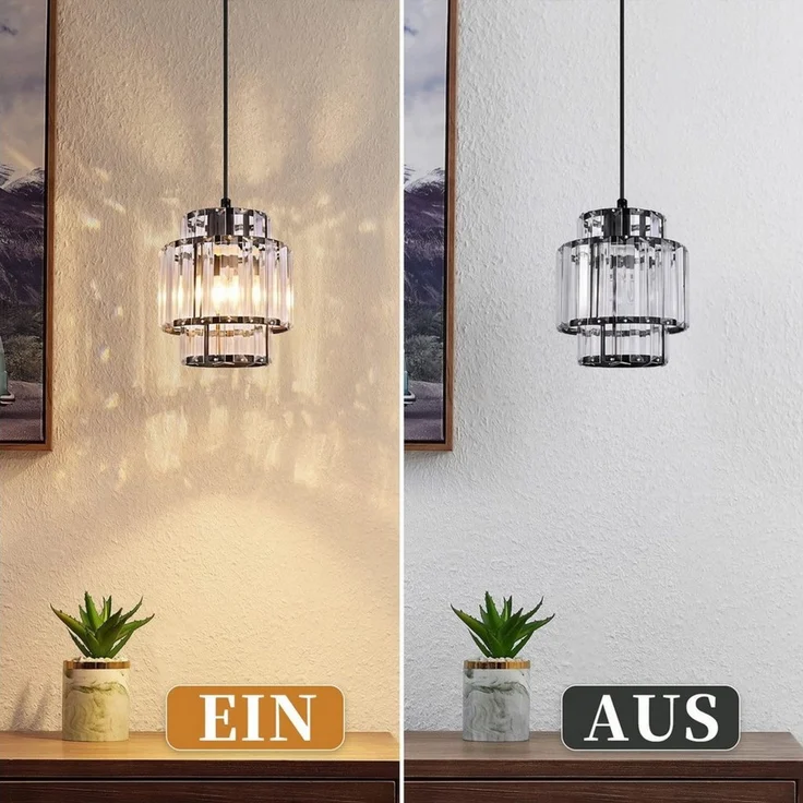 ZMH Pendelleuchte Esstisch 1-flammig, schwarze Hängeleuchte mit Kristallglas, E27, ohne Leuchtmittel, bis 143 cm höhenverstellbar, Modern Pendellampe für Küche & Esszimmer – Bild 3