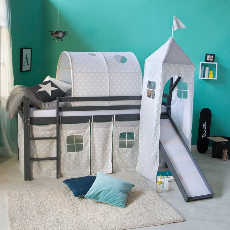 Hochbett mit Matratze 90x200 Turm Tunnel Rutsche Stockbett Grau Kinderbett Holz Kiefer Vorhang Sterne Lattenrost – Bild 2