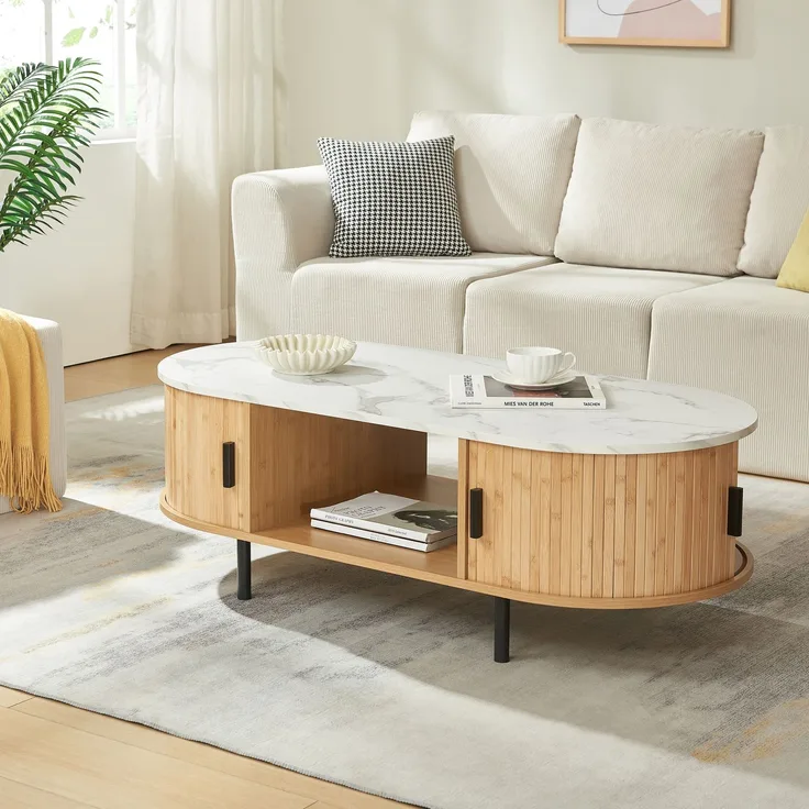 Couchtisch Tvedestrand 120x55x40 cm Bambus Marmorweiß/Natur [en. casa]