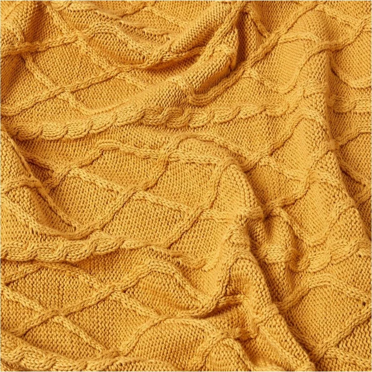 Plaid Strickdecke aus 100% Baumwolle, senfgelb, 130 x 170 cm, Homescapes – Bild 2