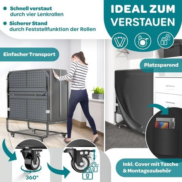 KESSER® Klappbett 200x90cm Gästebett inkl. Matratze aus Memory-Schaum & Rollen | faltbares Reisebett mit Metallrahmen für Erwachsene belastbar bis 250kg | Metallbett mit Schaumstoffmatratze & Cover Anthrazit, Deluxe Plus – Bild 5