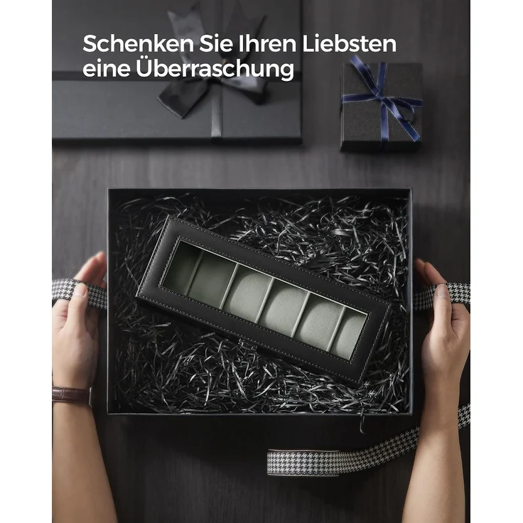 Songmics Uhrenbox für 6 Uhren, Uhrenkasten mit Glasdeckel, Uhrenkissen aus Samt, Uhrenkoffer mit Schloss, 11,2 x 30 x 8 cm, Geschenkidee, PU-Bezug in Schwarz, Samtfutter in Grau JWB06BK – Bild 7