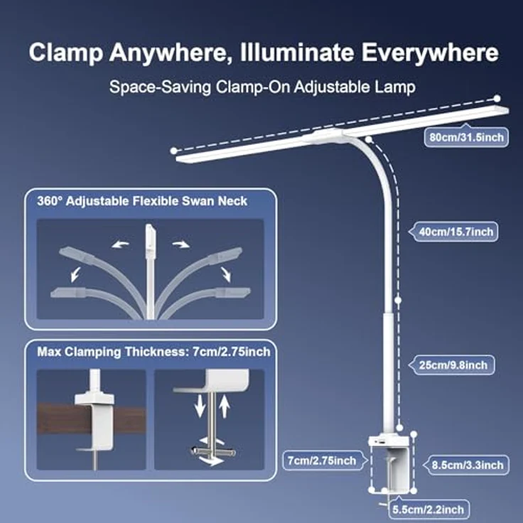 YICAIZI Schreibtischlampe LED Dimmbar - 1500LM 24W Klemmbar Büroschreibtischlampe mit Fernbedienung, 80CM Schwanenhals Schreibtisch Lampe USB-Ladeanschluss, für Büro & Zuhause, Weiß – Bild 8
