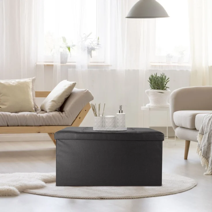 Todeco - Sitztruhe, Kunstleder Sitzhocker - Maximale Belastbarkeit: 150 kg - Material: Kunstleder - Abgenähtes und gesticktes Finish, 76 x 38 x 38 cm, Schwarz – Bild 2