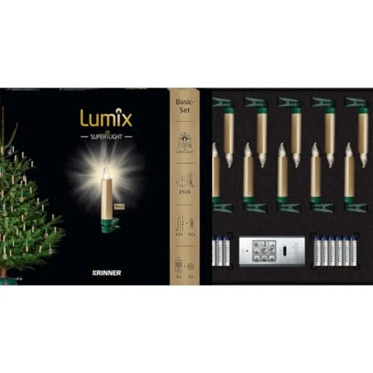 Krinner Lumix SuperLight Metallic 12er Basis-Set Kabellose Christbaumkerzen Gold