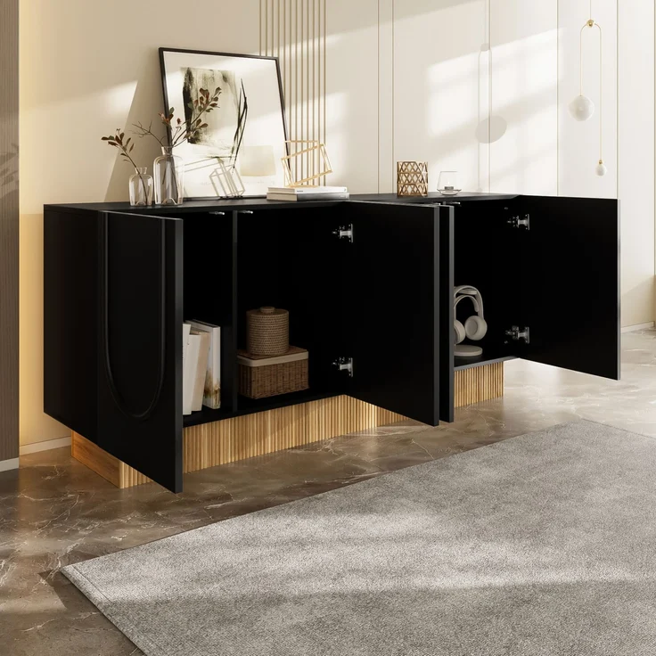 DESVIAE Sideboard mit 4 Türen und U-Relief 160x75x38 cm Spanplatte Schwarz-Holzoptik – Bild 5
