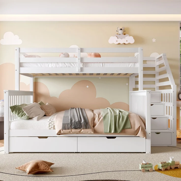 Etagenbett 90x200 & 140x200 cm, Kinderbett und Jugendbett, mit Schubladen und Stauraum, Kiefernholz, Weiß – Bild 2