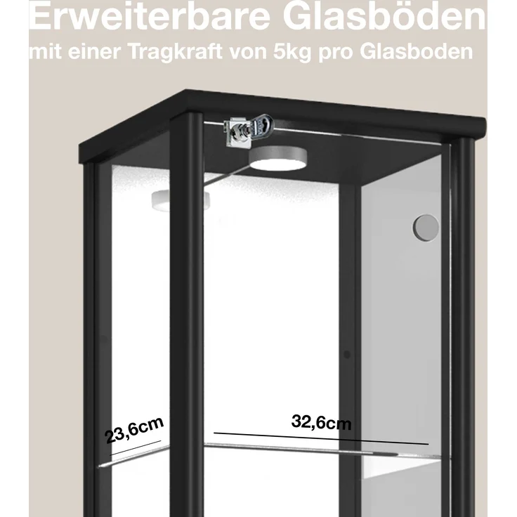 K-Mbel Sammlervitrine (176x37x33cm) - Made in Germany - Vitrinenschrank Schwarz mit 4 hhenverstellbaren Glasbden, Spiegel, Schloss & LED - Glasvitrine Stehend - Display Cabinet – Bild 5